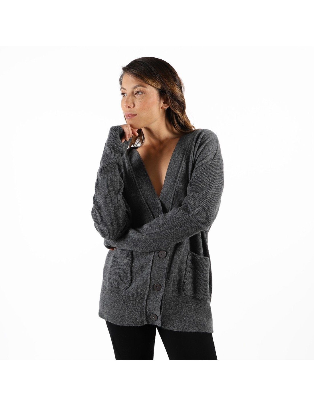 LONG CARDIGAN WITH POCKETS AND BUTTONS Color GRIS MOYEN Size 2